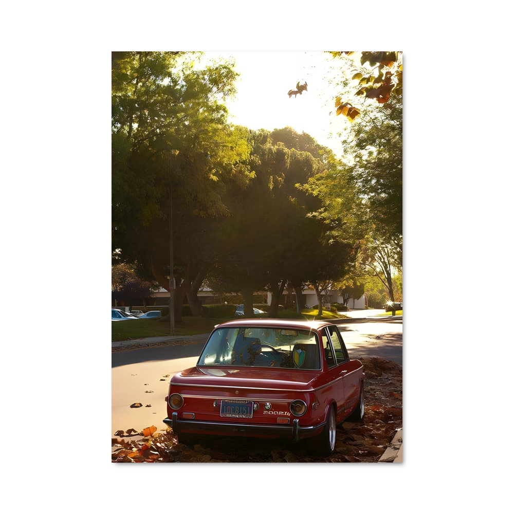 Poster voiture route sinueuse au coucher de soleil